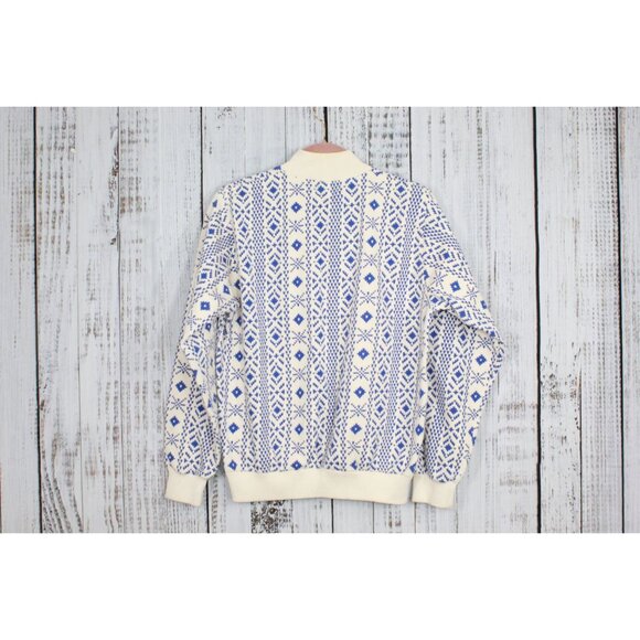 Vintage LL Bean Blue White Nordic Snowflake Quarter Zip Sweater Large - Picture 6 of 9